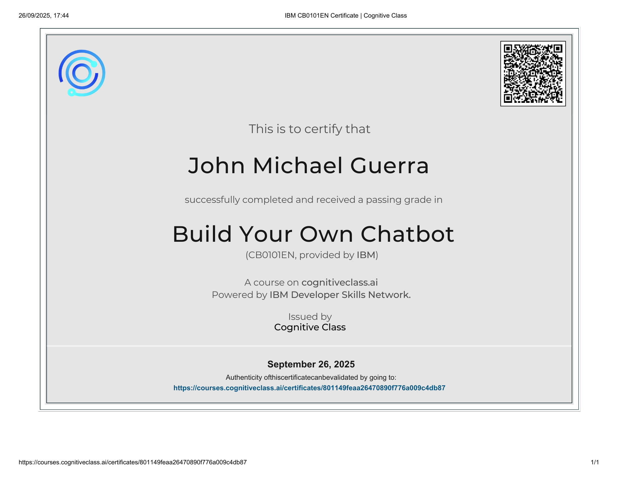 Build Your Own Chatbot certificate